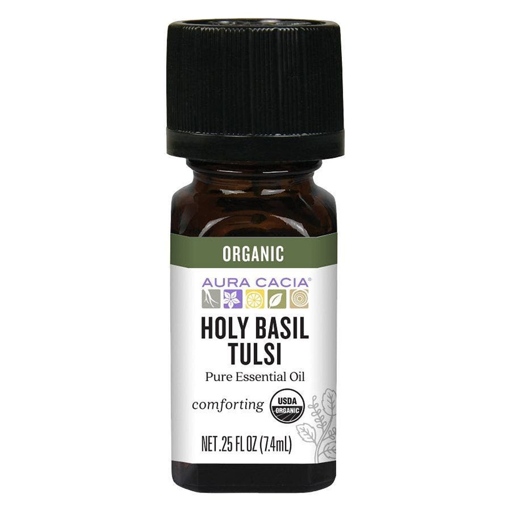 Aura Cacia Organic Essential Oil Holy Basil Tulsi 100 percentage Pure Aromatherapy and Wellness Support 0.25Oz (7.4ml)